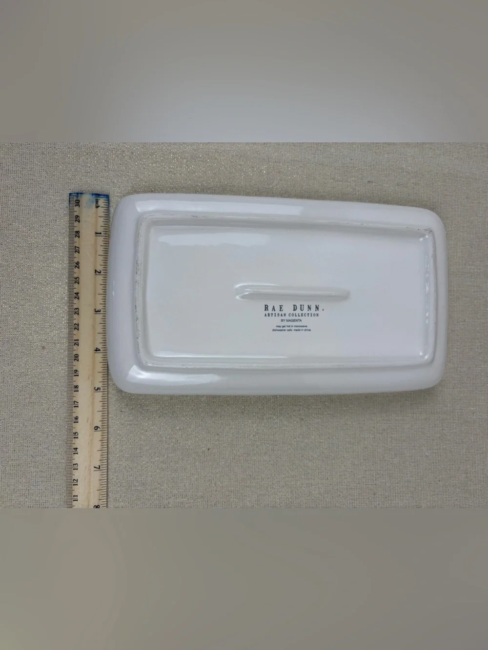 Rae Dunn by Magenta White Ceramic Tray Labeled “TRINKETS” in Black Lettering